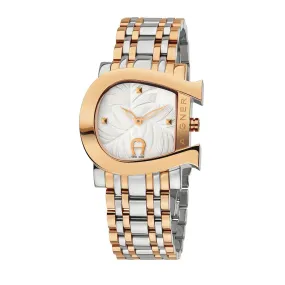 Aigner Genuia Ladies Watch Stainless Steel / Rose Gold Plated With Silver White Leaf Dial