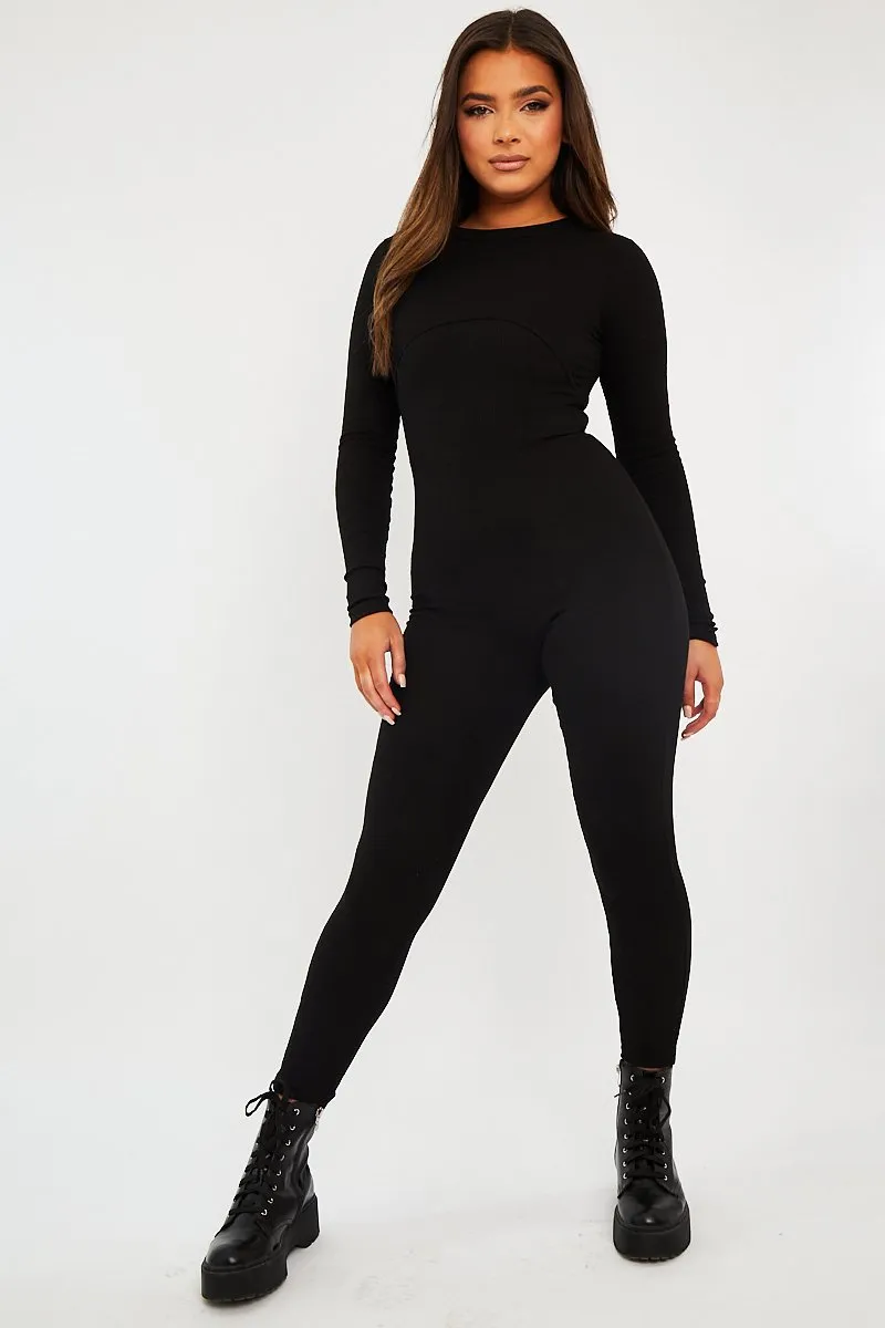 Black Ribbed Corset Seam Long Sleeve Jumpsuit - Poppy