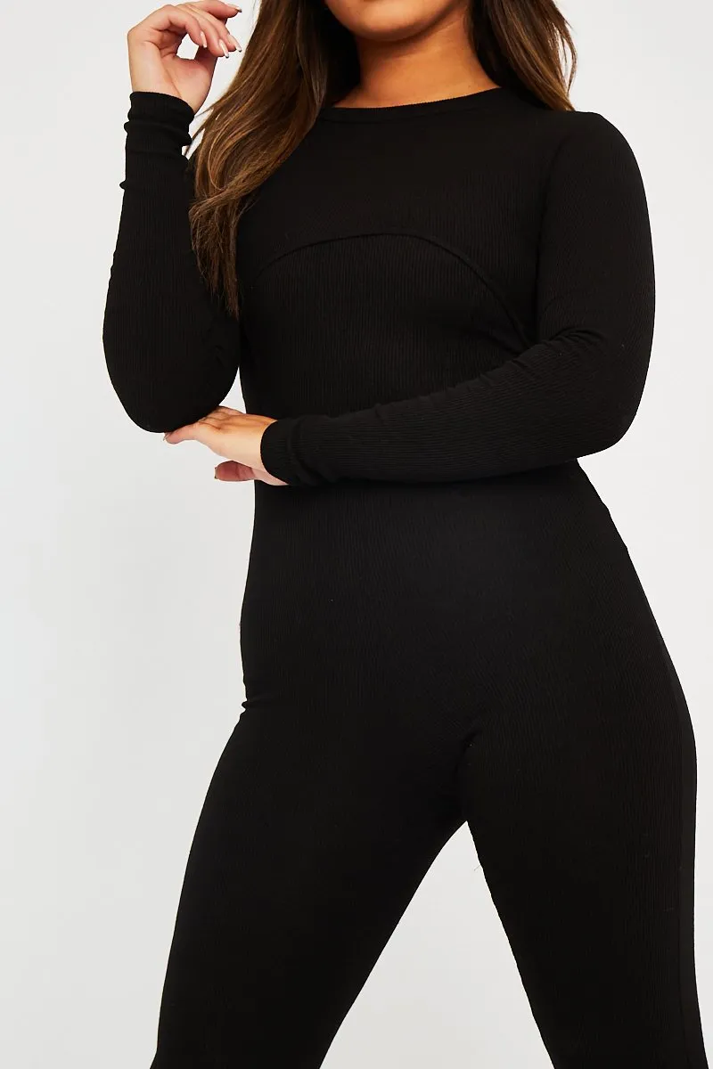 Black Ribbed Corset Seam Long Sleeve Jumpsuit - Poppy