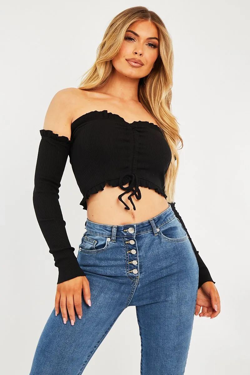 Black Ribbed Ruched Centre Crop Top - Tessla