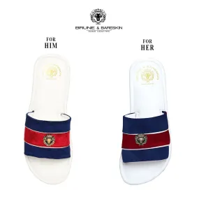 Combo for Him/Her of Blue-Red Velvet Strap White Leather Slide-In-Slippers by Brune & Bareskin