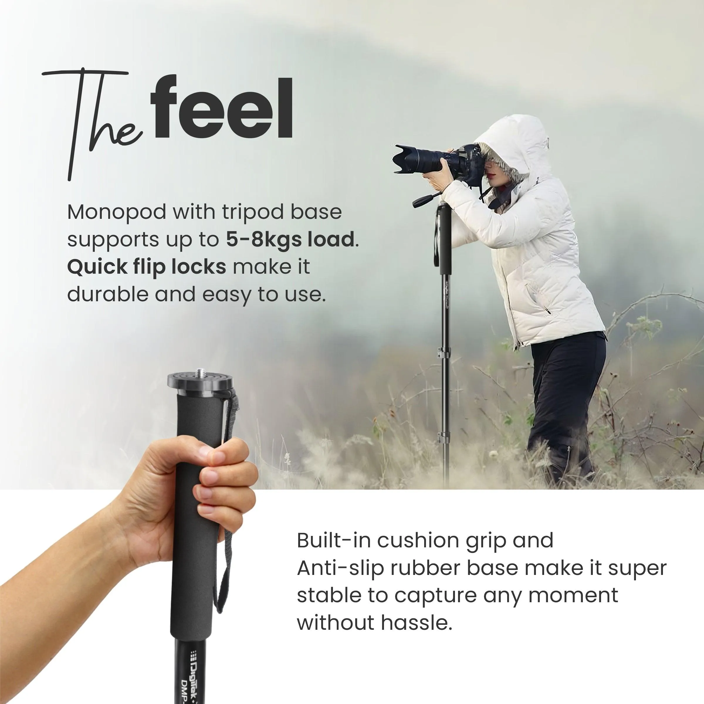 Digitek (DMP 75L) Lightweight Aluminum Telescopic Camera Monopod with Tripod Base for DSLR Video Cameras Maximum Operating Height: 1700MM. Maximum Load Upto: 8 kgs