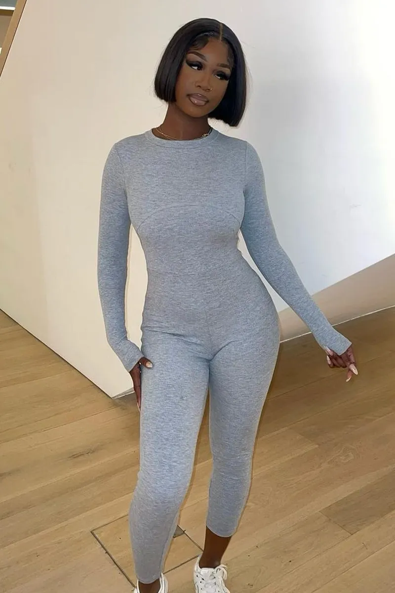 Grey Ribbed Corset Seam Long Sleeve Jumpsuit - Poppy