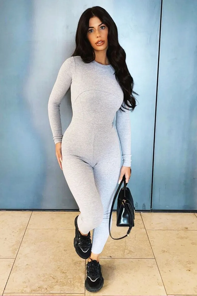 Grey Ribbed Corset Seam Long Sleeve Jumpsuit - Poppy