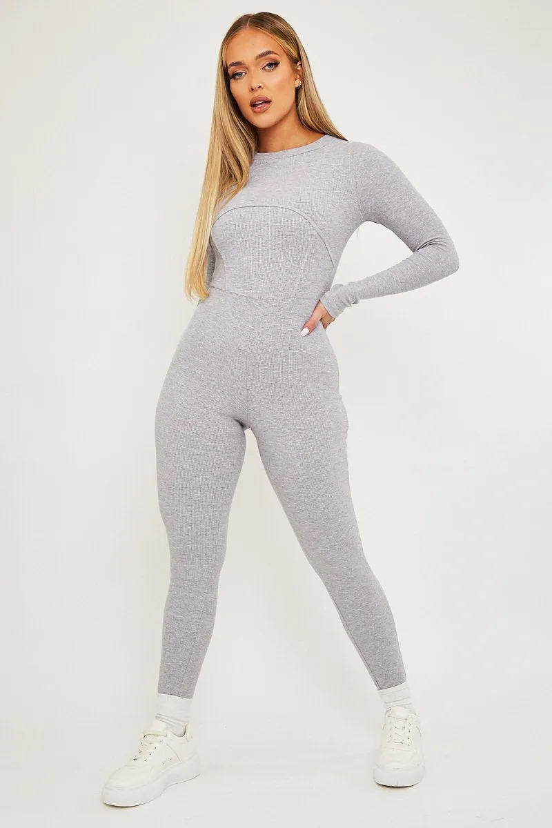 Grey Ribbed Corset Seam Long Sleeve Jumpsuit - Poppy