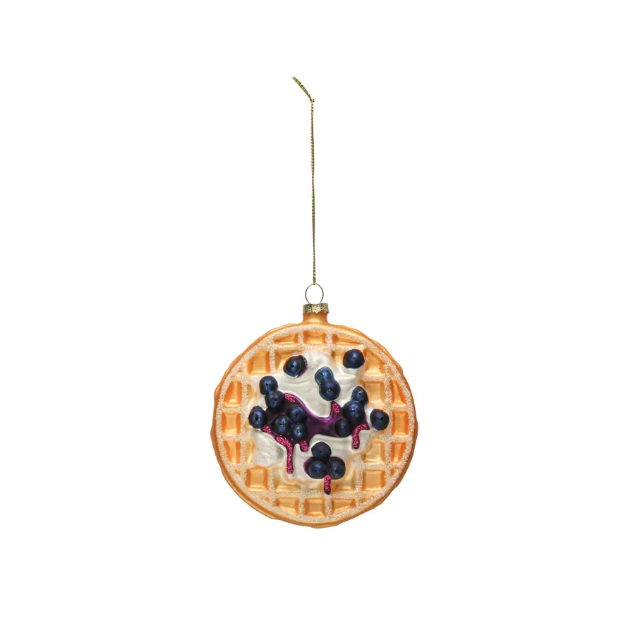 Hand-Painted Blueberry Waffle Ornament w/ Glitter, Multi Color