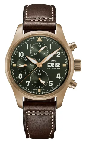 IWC Pilot's Spitfire Automatic Chronograph Bronze Green Dial Brown Leather Strap Day/Date Mens Watch IW387902