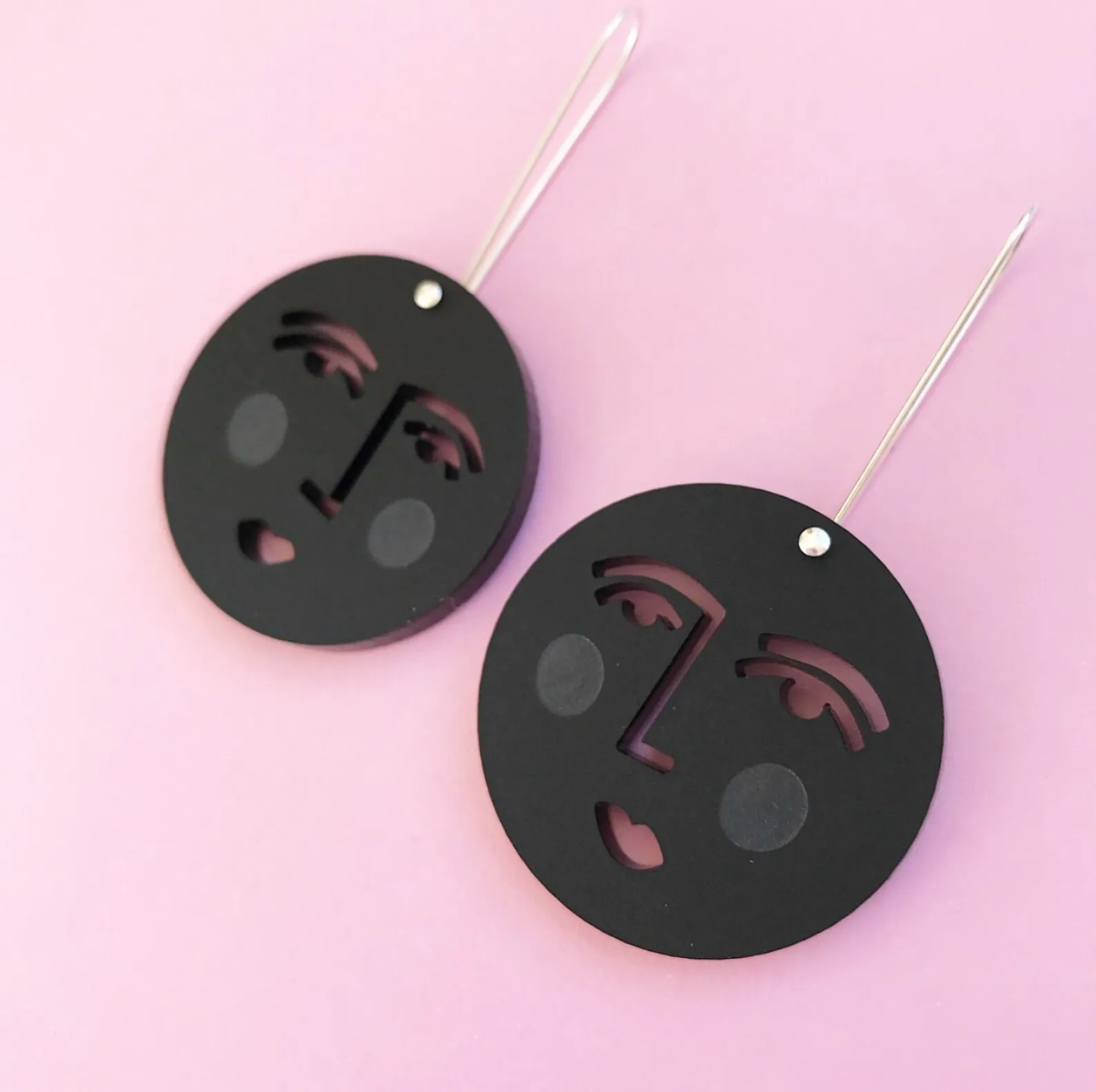 Moon Face Drop Earrings - Black