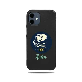 Personalized Aquarius iPhone 12 mini Black Leather Case