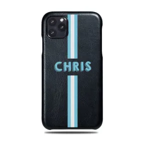 Personalized Hand Printed Blue Stripe iPhone 11 Pro Black Leather Case