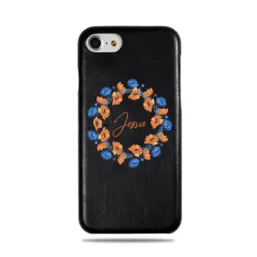 Personalized Orange & Blue Flowers iPhone SE 2 (2020) / iPhone 8 / iPhone 7 Black Leather Case