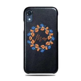 Personalized Orange & Blue Flowers iPhone XR Black Leather Case