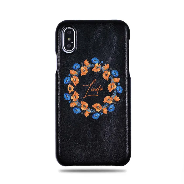 Personalized Orange & Blue Flowers iPhone Xs / iPhone X Black Leather Case