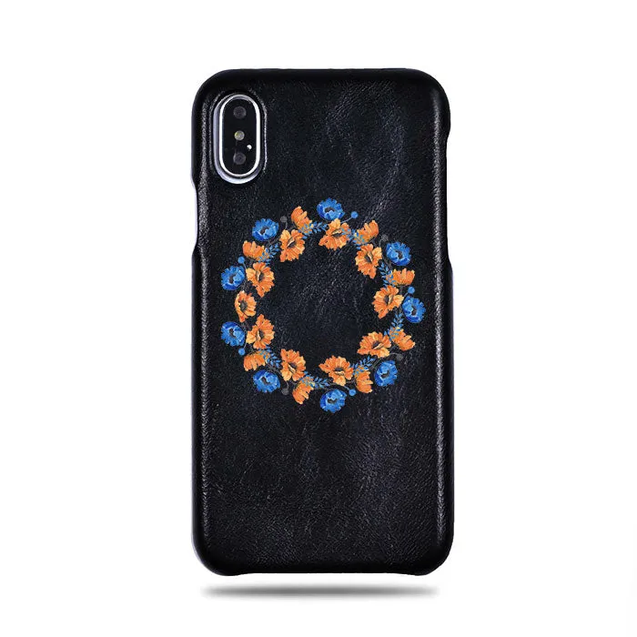 Personalized Orange & Blue Flowers iPhone Xs / iPhone X Black Leather Case