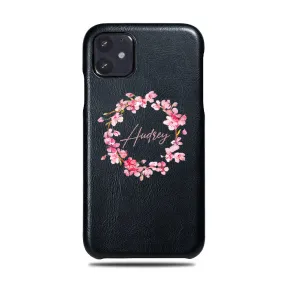 Personalized Pink Flowers iPhone 11 Black Leather Case