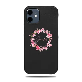 Personalized Pink Flowers iPhone 12 mini Black Leather Case