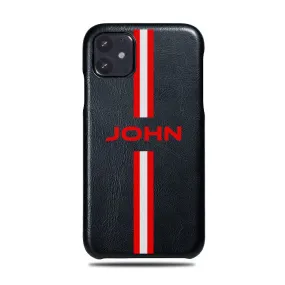 Personalized Red Stripe iPhone 11 Black Leather Case