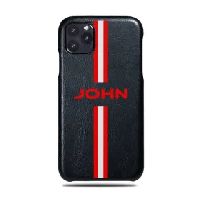 Personalized Red Stripe iPhone 11 Pro Black Leather Case