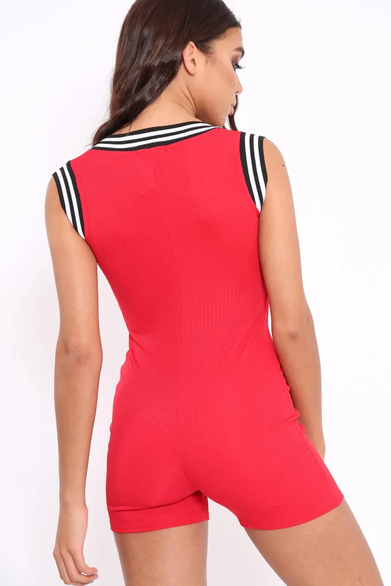 Red Ribbed Zip Front Sports Trim Playsuit - Lyah