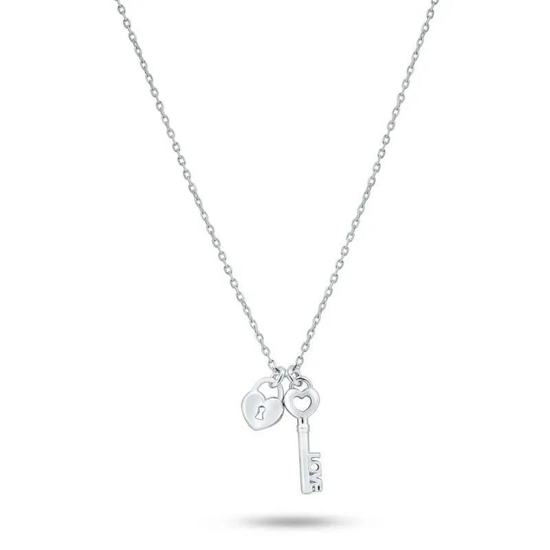 Rhodium Plated 925 Sterling Silver Small Love Key and Heart Lock Necklace