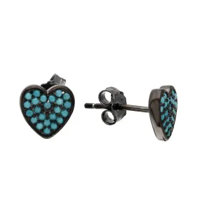 Silver 925 Black Rhodium Plated Heart Earrings with Turquoise Stones