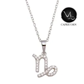 Silver 925 Rhodium Plated Capricorn CZ Zodiac Sign Necklace