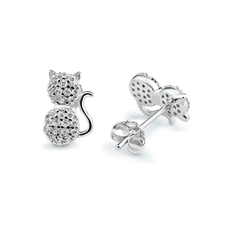 Silver 925 Rhodium Plated Cat Clear CZ Stud Earrings