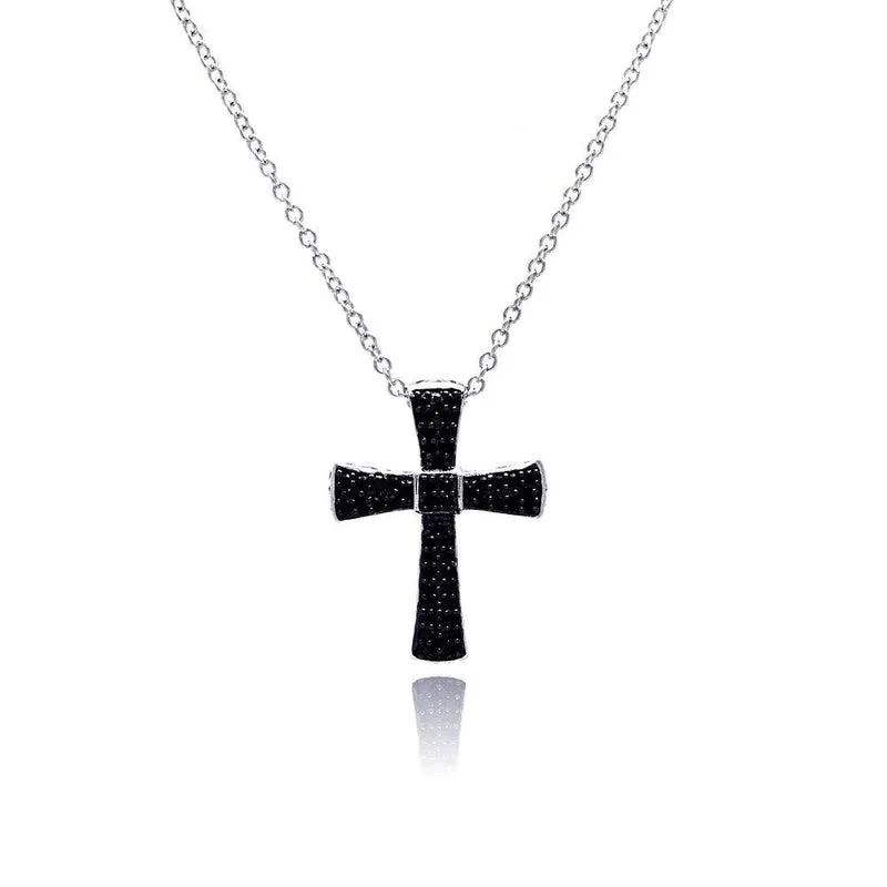 Silver 925 Rhodium Plated Cross Black CZ Necklace