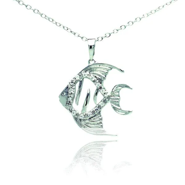 Silver 925 Rhodium Plated Fish Micro Pave CZ Necklace