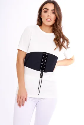 White & Black Lace Up Ribbed T-Shirt - Claudie